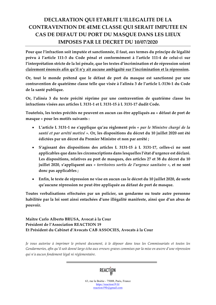 Déclaration établissant l'illégalité de la contravention en cas de défaut de port du masque.